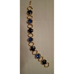 Vintage Monet Gold Tone Black Enamel Blue Crystal Quatrefoil Link Bracelet
